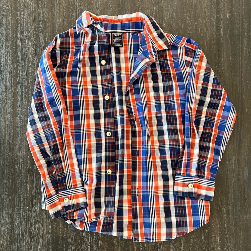 IZOD Kids Plaid Shirt Button Up - Blue and Orange S (6/7)